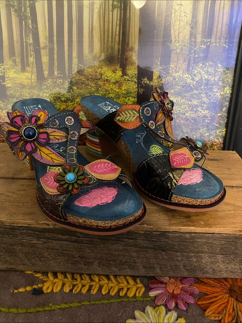 L'ATISTE Multicolor Floral Leather Wedge Sandals